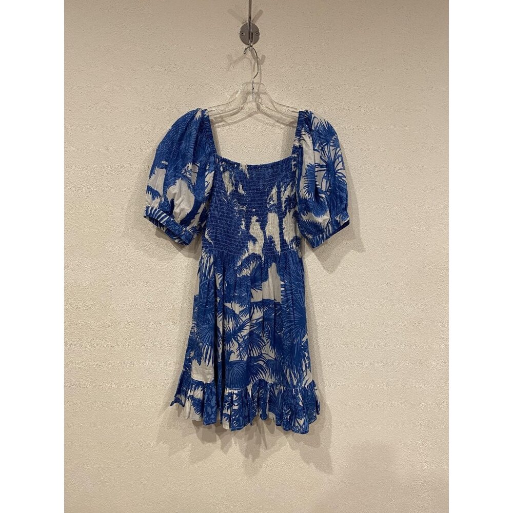 Mary Marshmallow Dress Womens Large Blue White Smocked Puff Sleeve Ruffle Mini